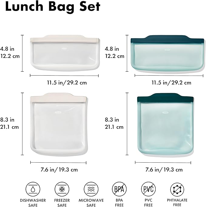 OXO Good Grips Silicone Reusable Bags – 4 Piece Lunch Set - Oat/Lagoon