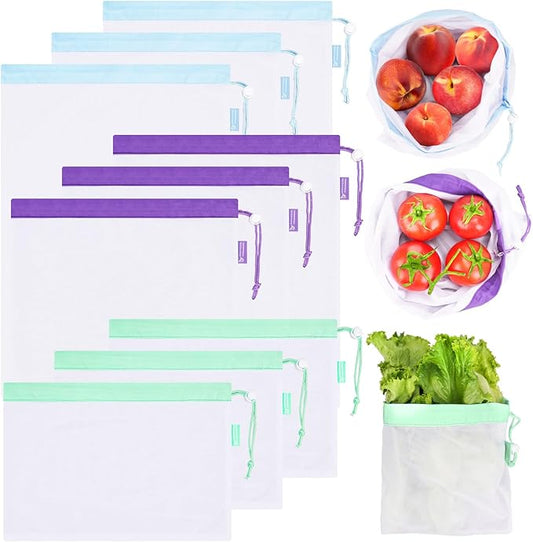 JUNGYOON 9-Pack Reusable Produce Bags & Vegetable Bags – Heavy Duty Washable Mesh Grocery Bag with Drawstring Closure, Eco-Friendly Storage for Farmers Market, Groceries, Beach & Fridge (L, M, S)