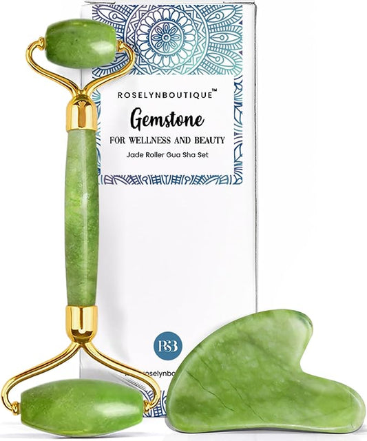 ROSELYNBOUTIQUE Gua Sha Facial Tools & Face Roller for Lift Wrinkless Natural Skincare Tool Jade Roller Guasha Tool for Face (Green)