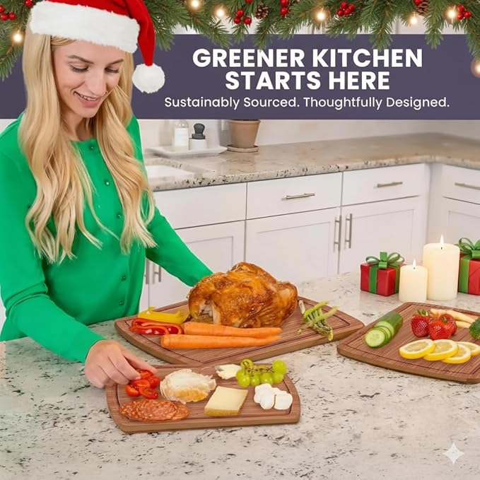 Organic Bamboo Cutting Board Set with Lifetime Replacements - 3pc Non Toxic Wood Chopping Board for Charcuterie, Meat, Vegetables and Fruits - Ideal Kitchen Gifts for Home Chefs