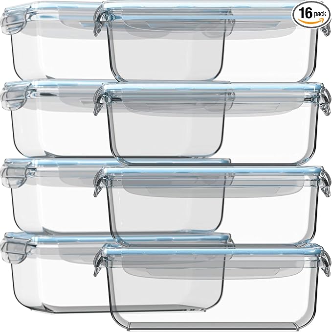 Razab 16 Pc (Set of 8) 30 Oz Glass Meal Prep Containers with Lids, Airtight Large Glass Food Storage Containers, Reusable Leak Proof BPA Free, Freezer to Oven and Dishwasher Safe
