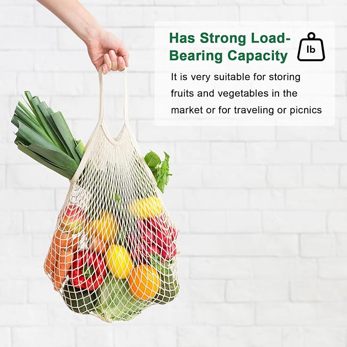 2-Pack Cotton Mesh Bag, Reusable Washable Mesh Net String Grocery Bags, Reusable Produce Bags with Handle, Net Tote Bag for Fruits Shopping [Purple-Pink, Long&Short Handle]