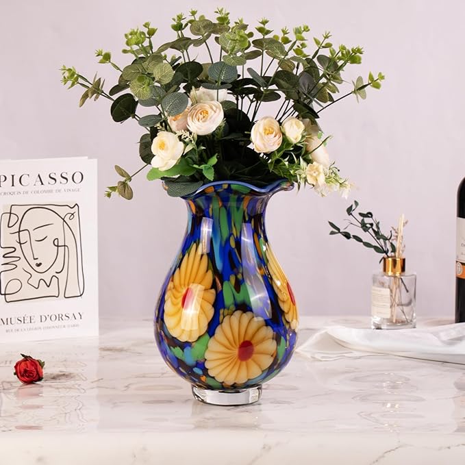 KAMMAK Colored Glass Vase, Beautiful Hand Blown Decorative Vase, Modern Art Vase for Flower Mantle Dining Table Centerpiece, Entryway Living Room Wedding Decoration, FH023
