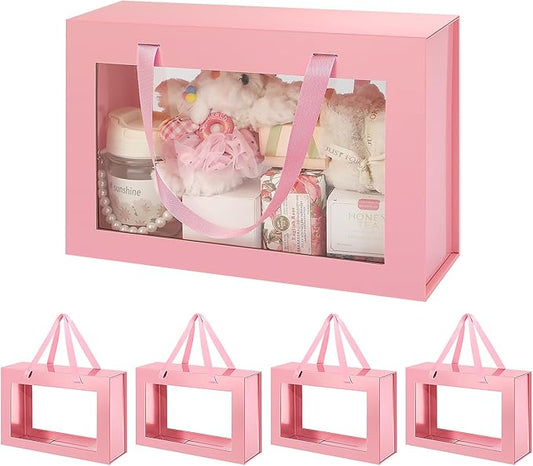 Large Pink Clear Gift Boxes, 13.5x9x4.1 Inches Gift Boxes with Windows by Handles, Bridesmaid Proposal Boxes, Collapsible Gift Boxes with Magnetic Closure (Glossy Pink, 5 Pack)