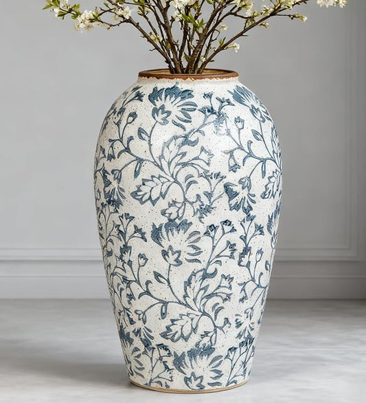 Ceramic Vintage Flower Vase, 9.8 Inch White and Blue Rustic Vases for Home Decor, Handcrafted Farmhouse Tall Vases for Living Room, Table, Bathroom, Chinoiserie Decoration