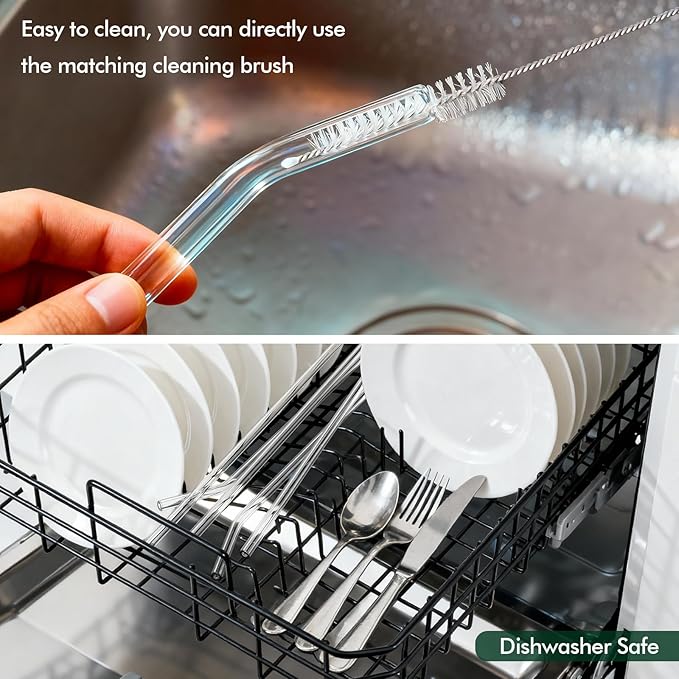 12 Pcs Reusable Glass Straws - Size 10.5"x8mm,8.5"x8mm,Including 6 Straight and 6 Bent Clear Glass Straws with 2 Cleaning Brush for for Smoothies, Coffee, Juice, Sodas, Cocktails