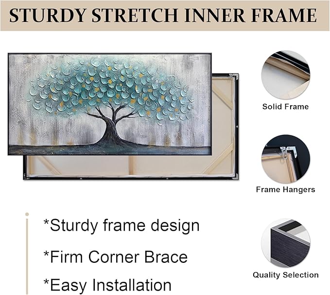 Teal Blue Tree of Life Canvas Wall Art for Living Room, Hand Painted Modern Abstract Textured Painting, Large Framed Panoramic Landscape wall art for Living Room, Bedroom, Office, Home Decor 60"x30"