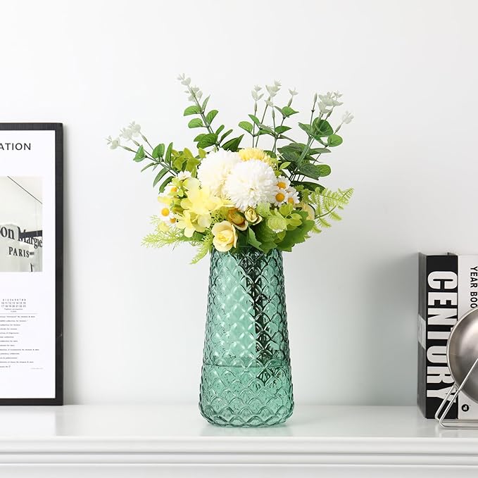 Glass Vase, Green Flower Vase for Bouquet, Large Glass Vases for Flowers, Modern Vases for Living Room, Bedroom, Dining Table, Office, Kitchen, Wedding, 9 Inches