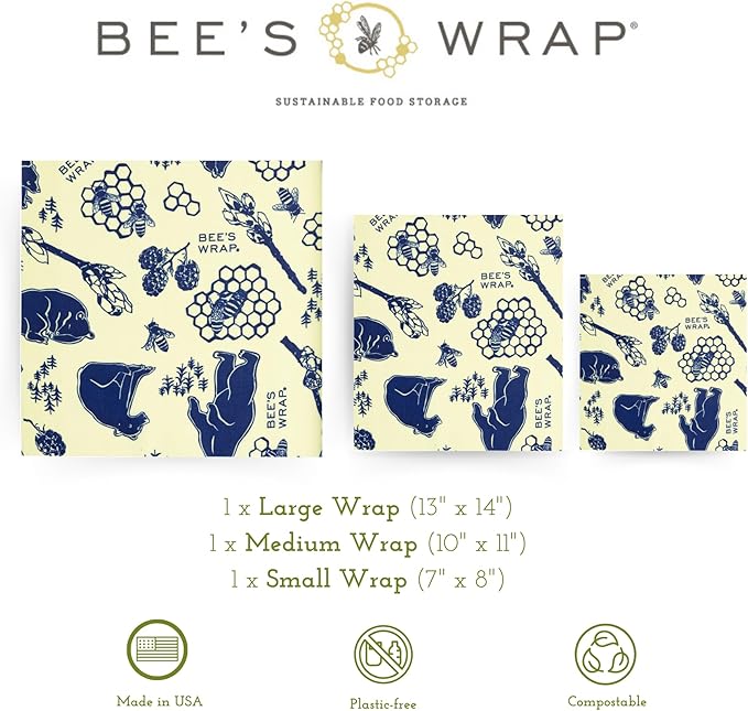 Bee's Wrap Beeswax Wraps for Food - Made in USA Reusable & Organic Food Wraps, Sandwich Wrap & Bowl Covers - Eco-Friendly Alternative to Aluminum Foil & Plastic Wrap, Bee's + Bears 3 Pack (S, M, L)