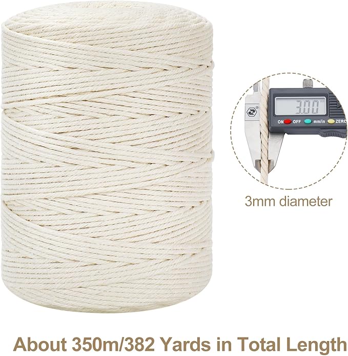 HOMEBOBO Macrame Cord 3mm x 380Yards (1140Feet), Natural Cotton, Light Blue