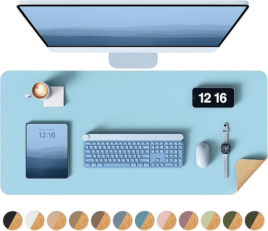 YSAGi Double-Sided Desk Pad, 31.5"x15.7" Leather Desk Mat, Eco Cork Desk Pad Protector,Large Mouse Pad,Waterproof Desk Blotter for Office/Home (Baby Blue/Cork)