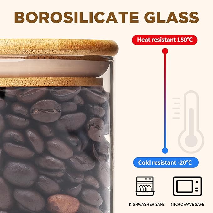 6oz Glass Food Storage Jars, Glass Jars with Bamboo Lids, Kitchen Storage Jars, Set of 6, Canisters with Airtight Lids for Spice, Coffee, Cookie, Pantry Organizers