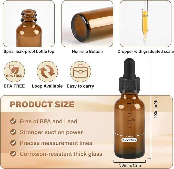 6 Pcs 1oz Amber Glass Eye Dropper Bottle, Tincture Bottles With Leak-Proof Design, Stronger Suction for All Kinds of Mixed Liquids