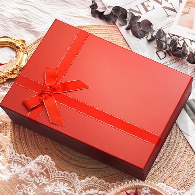 Large Gift Boxes for Presents, 2 Pack 13"x10"x5" Red Gift Wrap Boxes, Red Gift Box with Lid, Empty Box for Gift Wrapping
