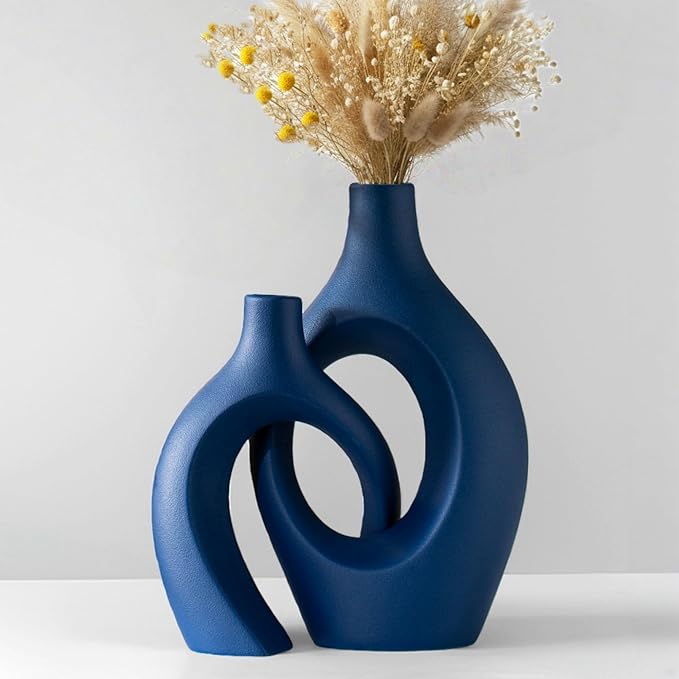 Snuggle Hollow Ceramic Vase Set of 2, 11 inch Hug Donut Modern Nordic Boho Style Vases for Home Decor Anthropologie Aesthetic Living Room Shelf Entryway Table Decorative (Navy Blue)