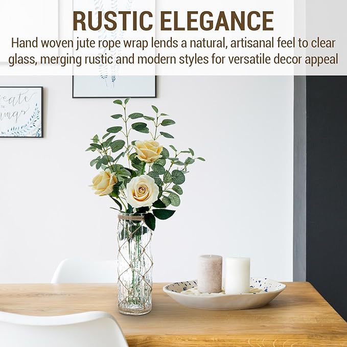 MyGift Rustic Clear Glass Vase with Hand-Woven Hemp Rope Wrap – Decorative Tabletop Flower Vase for Farmhouse, Boho, or Coastal Home Decor