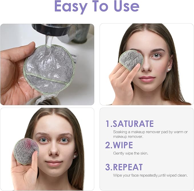 SUNLAND Reusable Makeup Remover Pads for Face,Eye,Lips 16 Pack Microfiber Face Cleansing Gloves Washable with Laundry Bag and Travel Bag Rounds Toner Pads (Round 3.15inchx16, Grey)