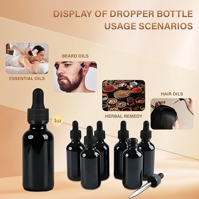 6 Pcs, 2oz Dropper Bottle, Black Glass Eye Dropper Bottle, Tincture Bottles with Dropper, Leak-Proof Design, Stronger Suction, for All Kinds of Mixed Liquids