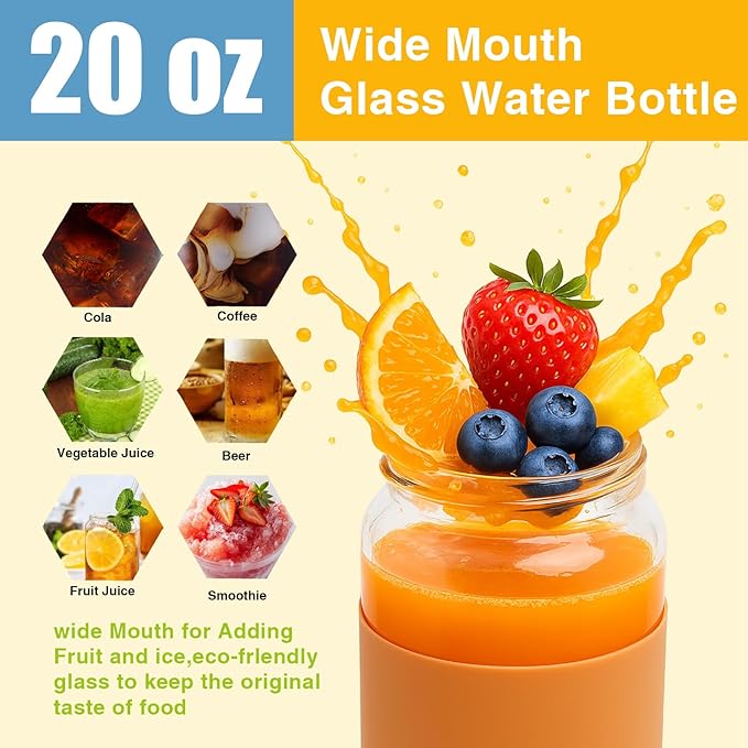 Tronco 20oz Borosilicate Glass Water Bottle with Bamboo Lid, Non-Slip Silicone Sleeve, Leak-Proof and Reusable Glass Bottle Perfect for gifts,Travel, Gym, and Everyday Use, BPA-Free, Dishwasher Safe