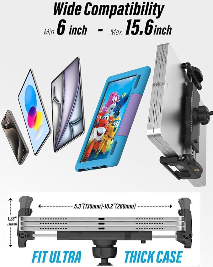Aluminum Tablet Stand Holder for Desk Mount - [Small Portable] Tablet Holder for Kitchen, Bed Clip with 1.26" Depth Large Clamp for iPad Pro 13 Air Mini, Galaxy, Fire, Switch, iPhone, 6-15.6" Devices