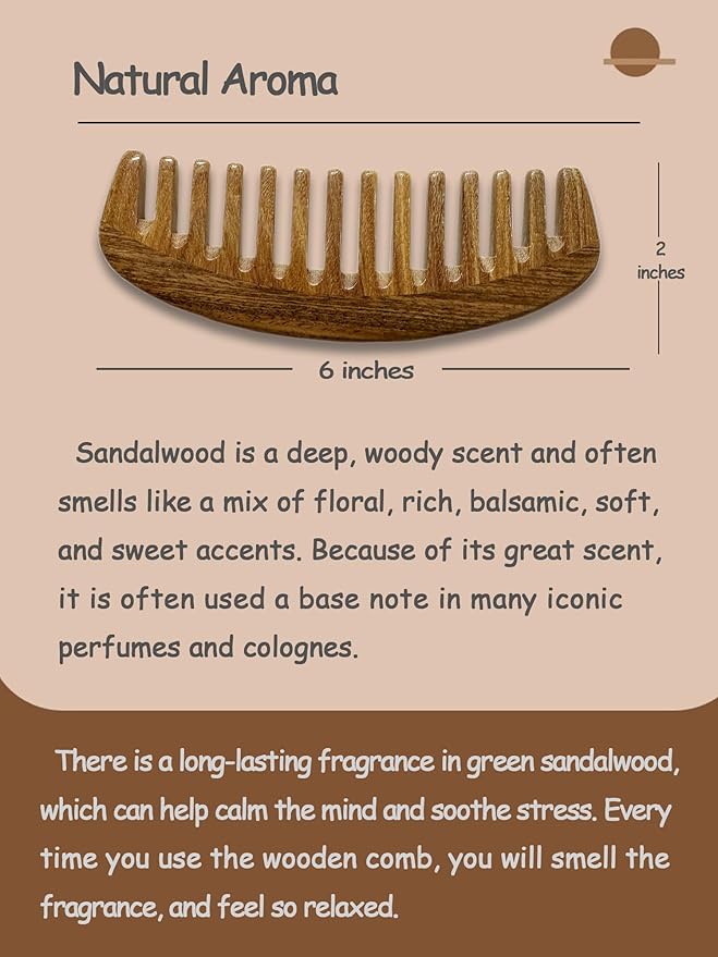 Wide Tooth Green Sandalwood Detangler Comb - Wooden Hair Comb for Natural Hair, Curly/Thick Hair Knot Remover (No Handle, Scented Wood)