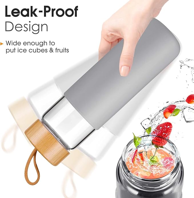 25 Oz Borosilicate Glass Water Bottles with Silicone Sleeve BPA Free, Dishwasher Safe - Reusable Clear Glass Drinking with Leak Proof Bamboo Lid | Perfect Gym Water Bottles for Men & Women