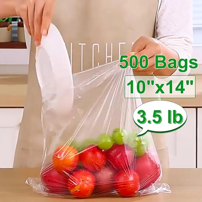 Plastic Produce Bags Roll 10x14 inch, Fresh-Keeping Plastic Bag for Food, Fruit, Vegetable, Bread, Kitchen, freezer, Supermarket, 1 Roll 500 Produce Bags