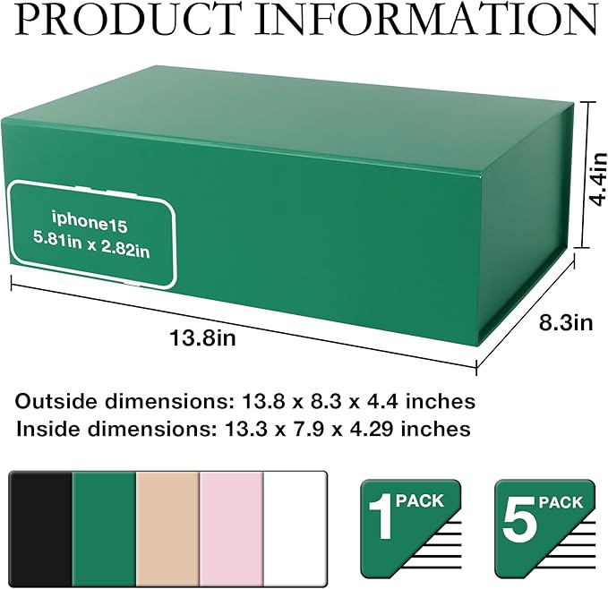 Green Christmas Gift Box with Magnetic Lids 13.8x8.3x4.4 in, Bridesmaid Groomsman Proposal Box, Large Rectangle Storage Box 5 Pack