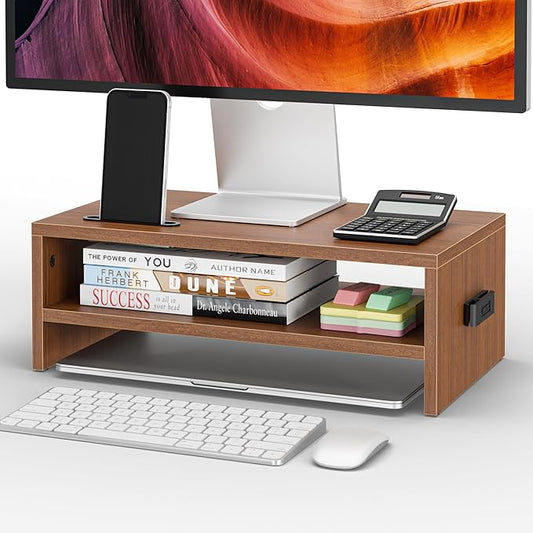 BONTEC Wooden Monitor Stand Riser, 2-Tier Desk Shelf with Storage Organizer, Ergonomic Computer Stand with Cable Management, Cellphone Holder, Walnut, 16.5 Inch