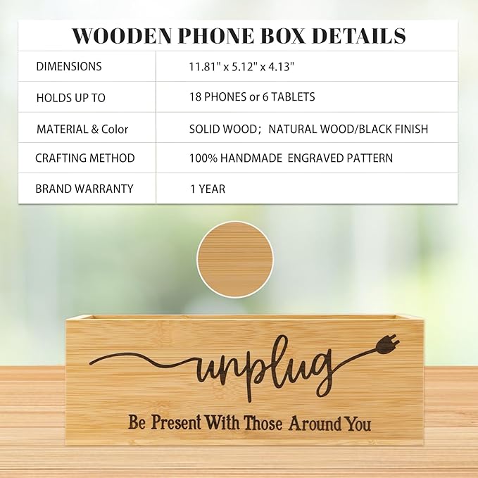 Bamboo Wood Phone Box – Unplug from Phones, Tablets, and Electronics for Study, Meetings, and Family Time, Phone Holder Organizer with Charging Holes, Farmhouse Style, Holds Up to 18 Phones-Wood