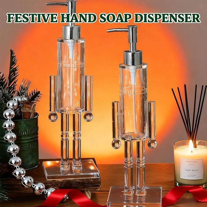 Nutcracker Soap Dispenser, 11.8 Inch Clear Acrylic Refillable Christmas Soap Bottle with Pump, Festive Holiday Hand Soap & Lotion Dispenser for Bathroom, Kitchen Countertop Decor