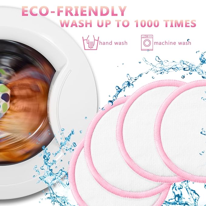 Foaincore 40 Pcs Reusable Makeup Remover Pads with Mesh Laundry Bag Washable Bamboo Cotton Rounds Soft Reusable Face Pad for Toner Skin Types with Bamboo Holder(White Pink)