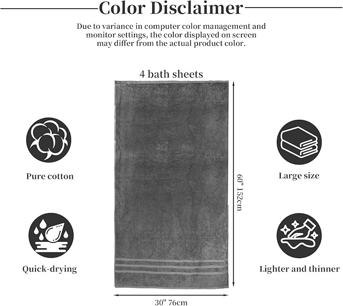 Cotton Bath Towel – Large 30x60 Inches, Soft, Thick & Absorbent Towel for Bathroom, Spa, or Home Use (Gray, 4 Pack – 30"x60")