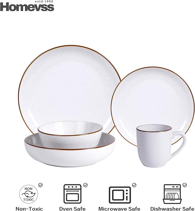 HomeVSS 20-Piece Dinnerware Set - Serves 4, Matte White plates and bowls sets with Speckle Effect for Microwave & Dishwasher Safe