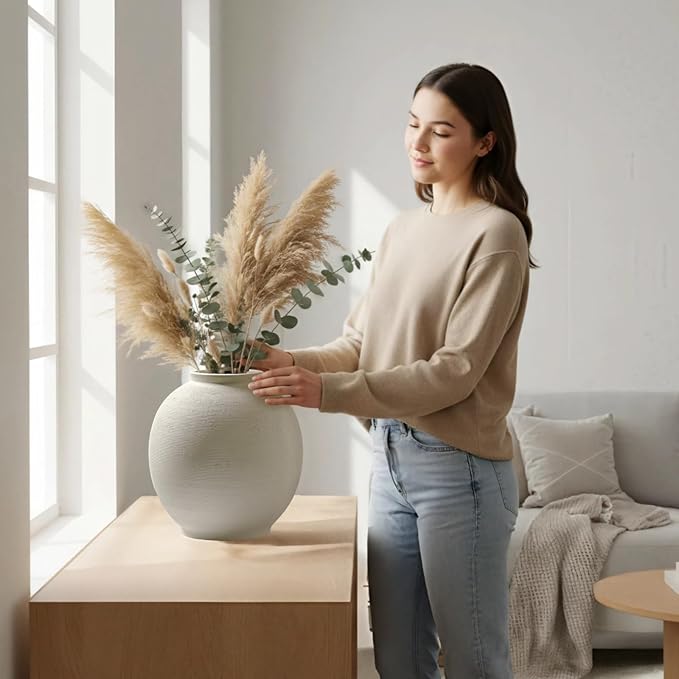 Large White Ceramic Vase, 10.8 inch Round Minimalist Textured Vase, Rustic Farmhouse Decor for Home, Living Room, Shelf, Table, Wedding & Entryway Decoration (Sandstone White)