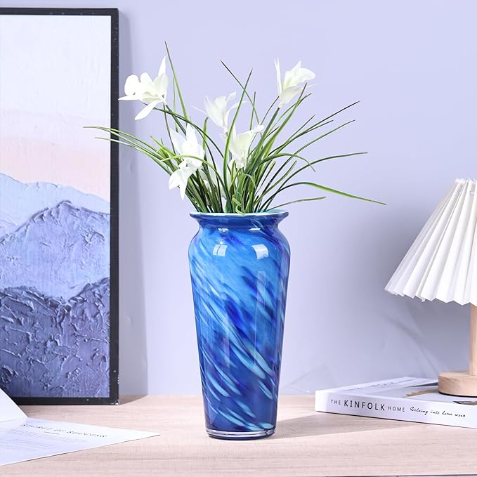 Blown Glass Blue vase, Blue Home Decor, Modern Art Wide Mouth vase for Living Room Dining Table Coffee Table entryway TV Stand nightstand Centerpiece.