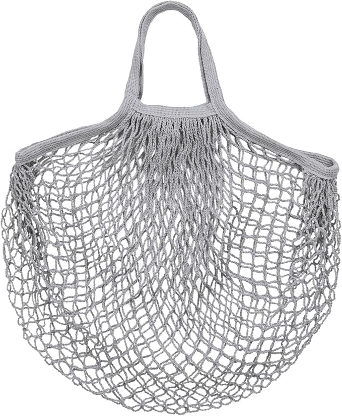 1-Pack Cotton Mesh Bag, Reusable Washable Mesh Net String Grocery Bags, Reusable Produce Bags with Handle, Net Tote Bag for Fruits/Vegetables Shopping [Gray, Short Handle]