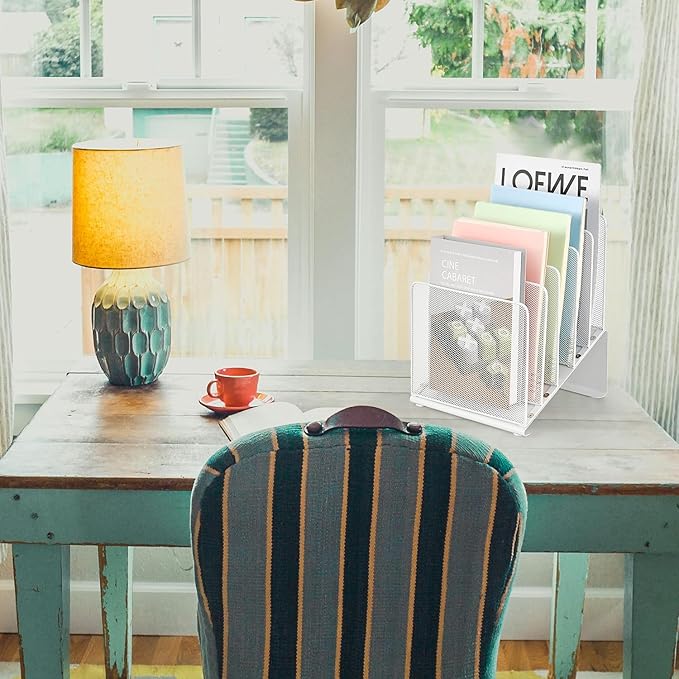 File Organizer for Desk, Desk Organizer with 5-Section Vertical File Rack, File Folder Organizer, Desk Accessories & Workspace Organizers(White)