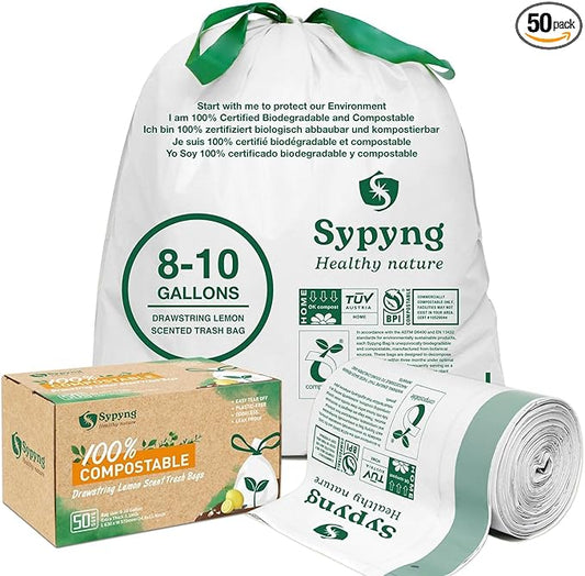 Compostable Kitchen Trash Bags 8-10 Gallon (50-Pack) – Heavy-Duty 1.1 Mil, 100% Biodegradable, ASTM D6400, BPI & OK Compost HOME Certified, Eco-Friendly, Leakproof & Odor Control
