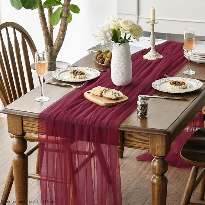 Artoid Mode 6PCS Burgundy Gauze Table Runner 120 Inch 10FT, Seasonal Sheer Kitchen Dining Holiday Wedding Birthday Baby Shower Table Decor for Home Party
