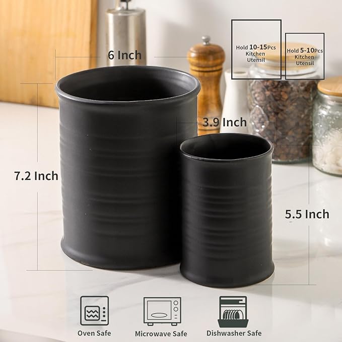 Nihow Utensil Holder: 7.2"+6.4" Ceramic Kitchen Utensil Holder for Countertop, Large Cooking Utensil Crocks for Kitchen Counter, Morden Utensil Organizer for Spatula, Set of 2, Elegant Matte Black