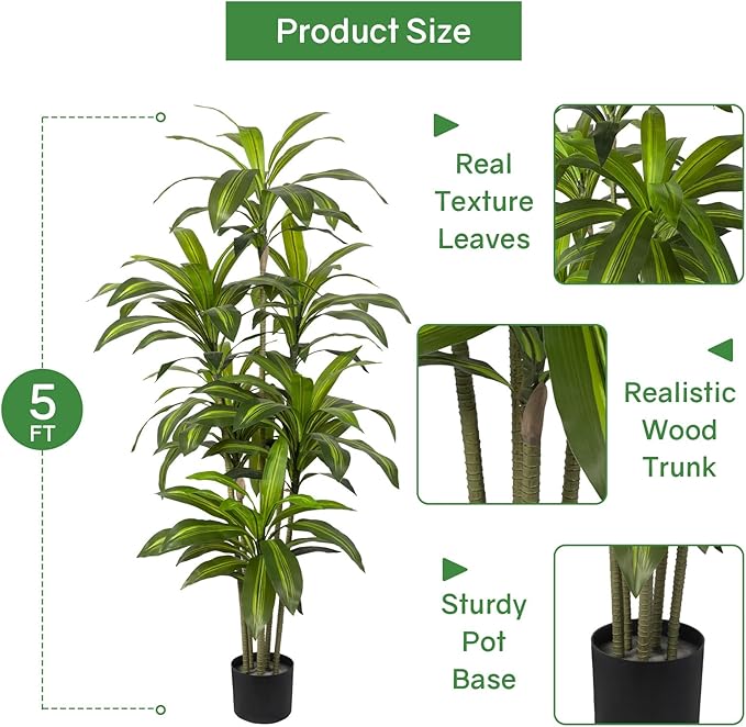 Artificial Dracaena Tree Indoor 5 FT Tall Fake Tree Artificial Tree Fake Yucca Potted Tree for Home Office Living Room Decor，Tall Artificial Plant for Housewarming