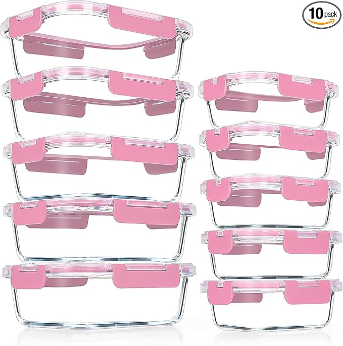 VERONES 10Pack Glass Meal Prep Containers, Airtight Glass Lunch Containers,Stackable Food Storage Containers Set with Lids,Exclusive of BPA, for Microwave,Oven, Freezer&Dishwasher Friendly,Pink