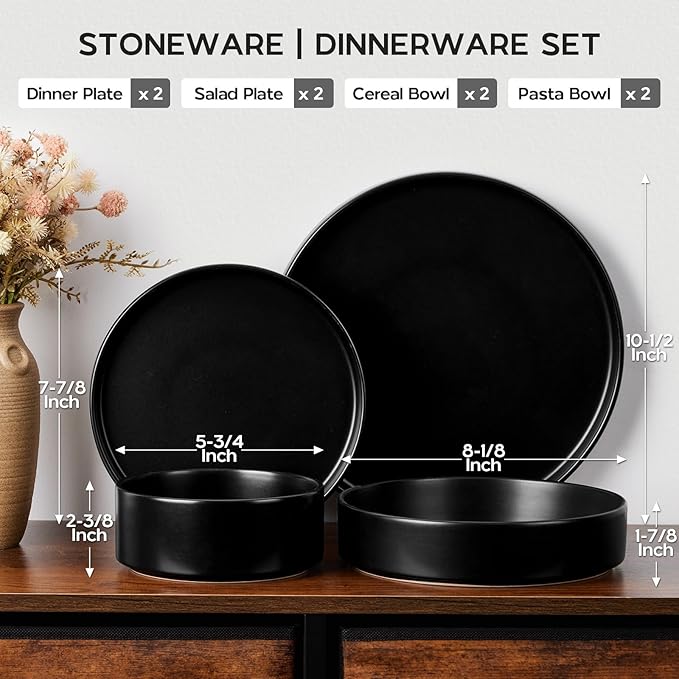 Onader Stoneware Dinnerware Set for 2 with Pasta Bowl, 8 Piece Plates and Bowls Dish Dinner Set, Microwave & Dishwasher Safe - Ebony Black