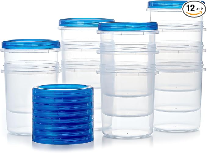 Food Storage Containers with Twist Top Lids, Ultra Thick Airtight Plastic Containers for Soup, Leftover, Ice Cream, Overnight Oats, BPA Free Stackable Freezer Containers [12 Pack-32 oz]