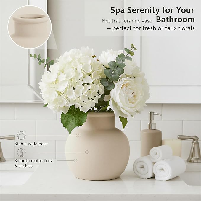 5.5-Inch Off-White Ceramic Flower Vase, Rustic Farmhouse Boho Pottery Decor for Living Room, Table Centerpiece, Mantel & Shelf