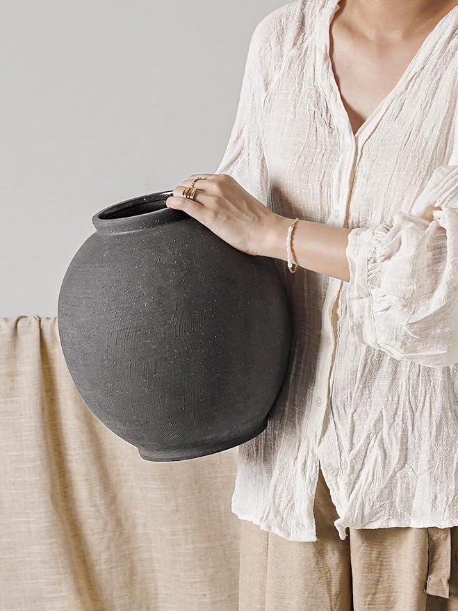 Ceramic Rustic Vase, 10.8 Inch Farmhouse Minimalist Tall Flower Vase for Table, Living Room, Home Decor, Bathroom, Holiday, Wedding, Set of 1, Sandstone Black