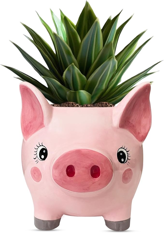 Pig Planter Pot - Boar Utensil Holder Party Accessories - Flower Succulent Plant Pot - Indoor Outdoor Garden Backyard Patio Pig Theme Ceramic