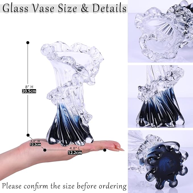 Hand Blown Blue Glass Vase, Unique Art Beautiful Ocean Glass Vase for Home Centerpiece, Coffee Table, Living Room, Office Decor - 8" H