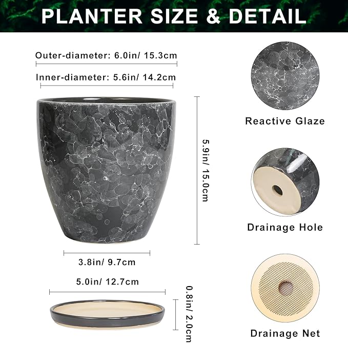 Ceramic Pots for Plants - 6 Inch Ceramic Planter with Drainage Hole and Saucer, Modern Planters for Indoor Outdoor Plants, Round Planter, Home Garden Decor, Plant Lover Gifts, Grey